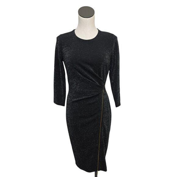Calvin Klein Exposed Front Zipper Ruched Sheath Dress Women Size 4 Black Glitter - Picture 1 of 12